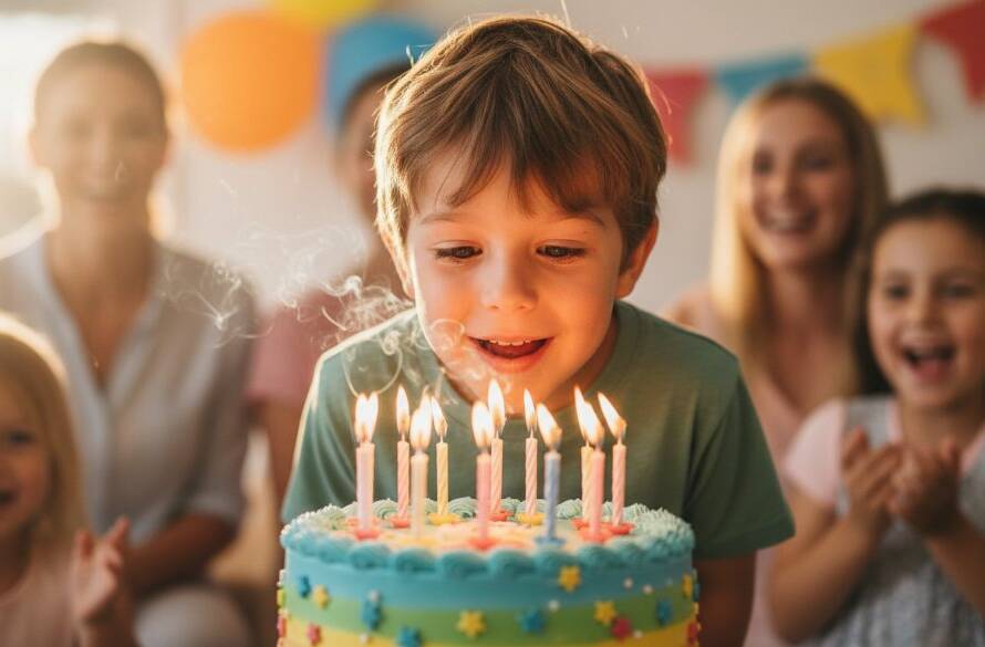 An epic moment of pure joy captured by a professional Hillside Victoria Kids Party Photography Moments photographer, showing a child's ecstatic face blowing out birthday candles amidst a vibrant blur of partygoers and colourful decorations, with dramatic, warm lighting.