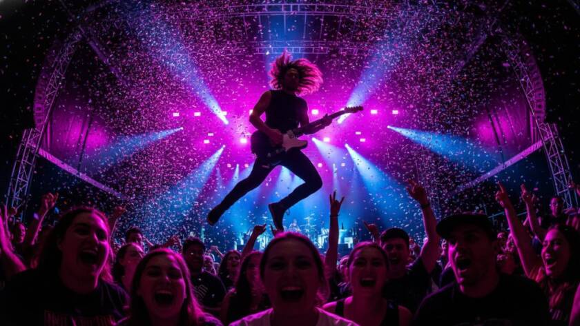 A dynamic wide-angle shot capturing a lead singer mid-scream with a spotlight hitting them on stage during a Hillside Victoria live music event photography session, a sea of silhouetted hands raised in the foreground, creating an epic moment of connection and energy.