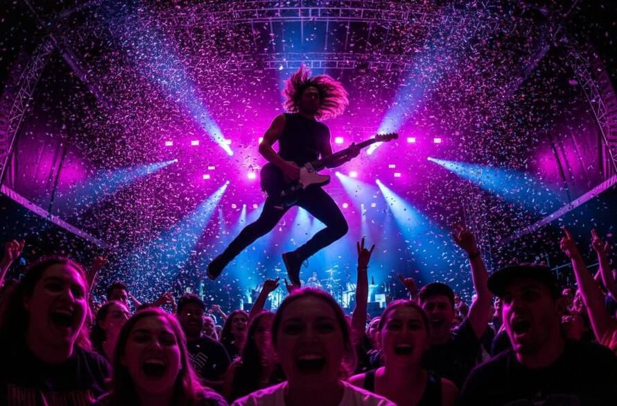 A dynamic wide-angle shot capturing a lead singer mid-scream with a spotlight hitting them on stage during a Hillside Victoria live music event photography session, a sea of silhouetted hands raised in the foreground, creating an epic moment of connection and energy.
