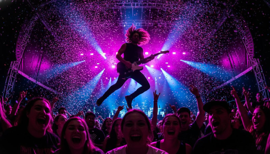 A dynamic wide-angle shot capturing a lead singer mid-scream with a spotlight hitting them on stage during a Hillside Victoria live music event photography session, a sea of silhouetted hands raised in the foreground, creating an epic moment of connection and energy.