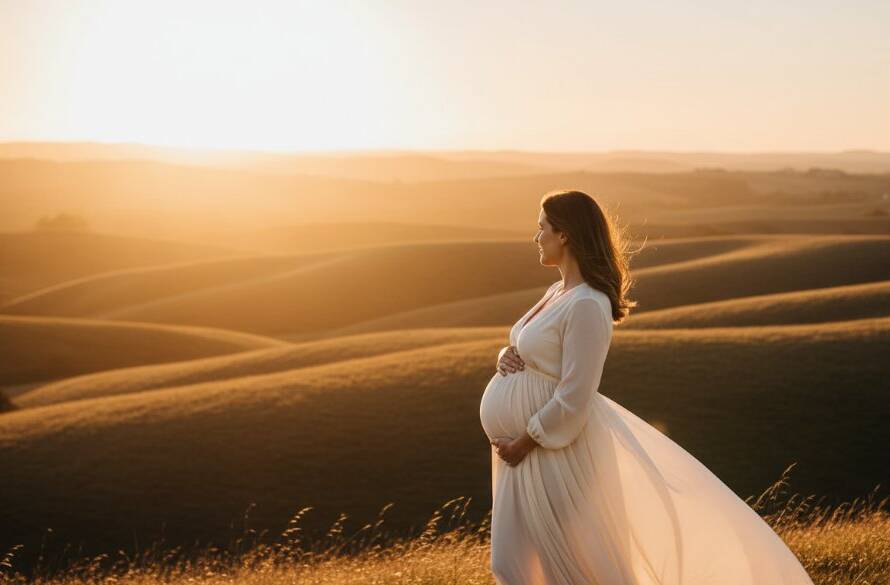 A glowing mother-to-be, silhouetted against a dramatic Hillside Victoria maternity photography ethereal sunset portraits sky, cradling her belly in a field of golden grass, evoking a timeless and emotional moment.