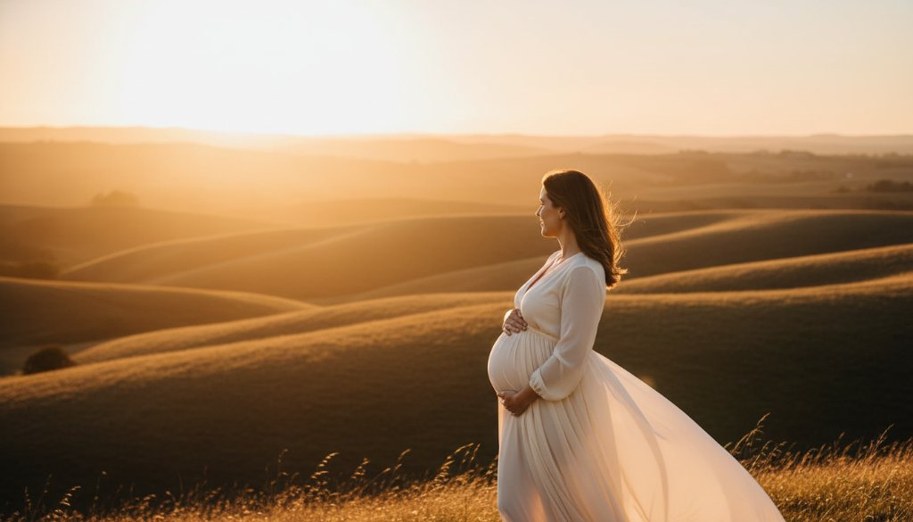 A glowing mother-to-be, silhouetted against a dramatic Hillside Victoria maternity photography ethereal sunset portraits sky, cradling her belly in a field of golden grass, evoking a timeless and emotional moment.