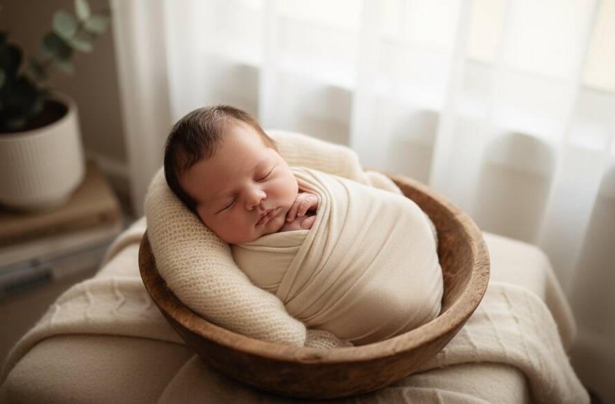 An artistic, wide-angle shot of a tiny newborn baby delicately wrapped, sleeping peacefully in a rustic wooden prop, bathed in soft, ethereal natural light streaming through a window in a charming Hillside home, emphasizing Hillside Victoria newborn photography capturing precious moments. The setting is warm and inviting, with a subtle bokeh background featuring gentle hints of a cozy Australian interior.