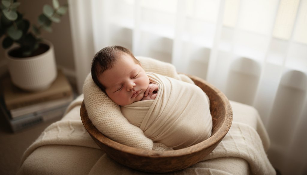 An artistic, wide-angle shot of a tiny newborn baby delicately wrapped, sleeping peacefully in a rustic wooden prop, bathed in soft, ethereal natural light streaming through a window in a charming Hillside home, emphasizing Hillside Victoria newborn photography capturing precious moments. The setting is warm and inviting, with a subtle bokeh background featuring gentle hints of a cozy Australian interior.
