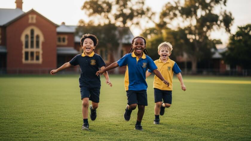 A vibrant, professionally color-graded photograph capturing an epic moment of three primary school children in Hillside, Victoria, joyfully running towards the camera on a sunny afternoon, embodying the spirit of Hillside Victoria primary school photography.