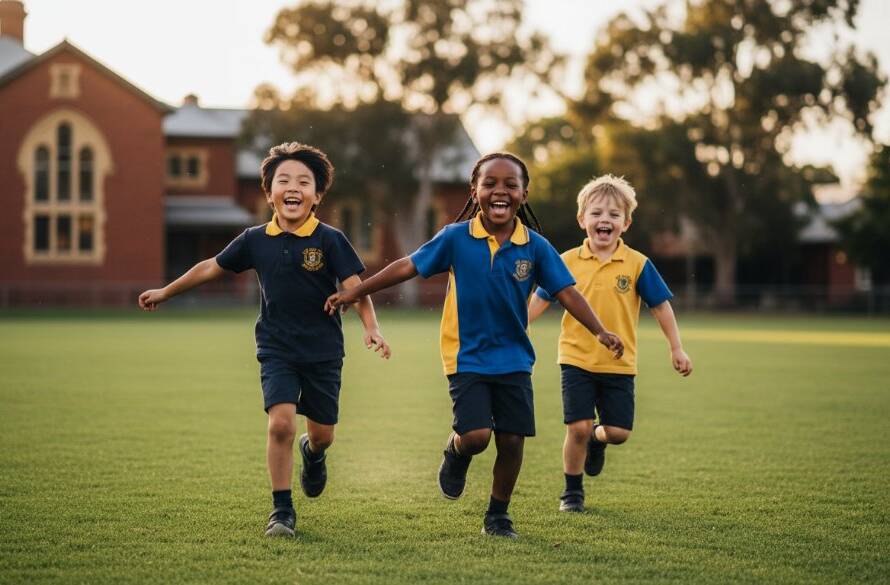 A vibrant, professionally color-graded photograph capturing an epic moment of three primary school children in Hillside, Victoria, joyfully running towards the camera on a sunny afternoon, embodying the spirit of Hillside Victoria primary school photography.