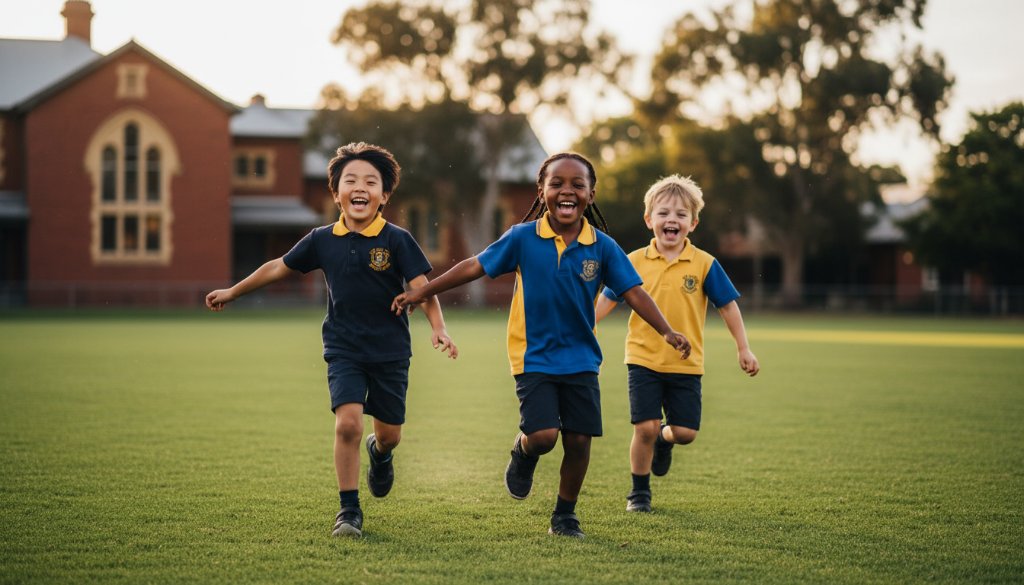 A vibrant, professionally color-graded photograph capturing an epic moment of three primary school children in Hillside, Victoria, joyfully running towards the camera on a sunny afternoon, embodying the spirit of Hillside Victoria primary school photography.