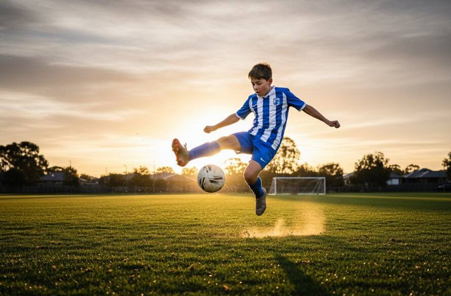 An epic wide-angle shot capturing the intensity of a young soccer player making a dramatic slide tackle during a Hillside Victoria youth soccer photography match, golden hour light, blurred background showcasing the local Hillside sports oval.