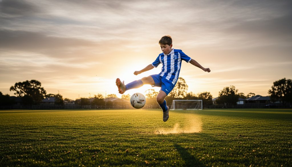An epic wide-angle shot capturing the intensity of a young soccer player making a dramatic slide tackle during a Hillside Victoria youth soccer photography match, golden hour light, blurred background showcasing the local Hillside sports oval.