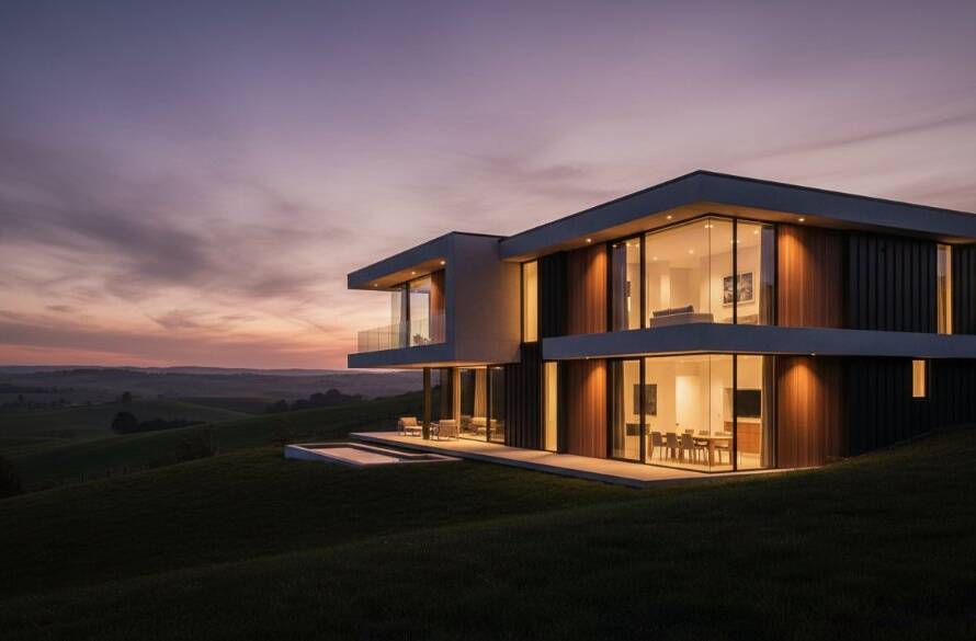 A dramatic wide-angle shot showcasing the intricate facade of a modern architectural masterpiece in Hillside, Victoria, at sunset, capturing Hillside Victoria's Unique Architectural Photography with professional lighting and vibrant colours.