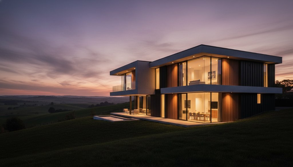 A dramatic wide-angle shot showcasing the intricate facade of a modern architectural masterpiece in Hillside, Victoria, at sunset, capturing Hillside Victoria's Unique Architectural Photography with professional lighting and vibrant colours.