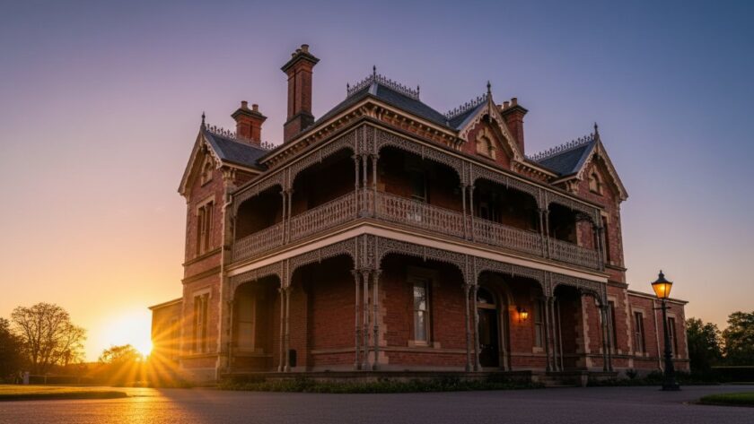 An epic moment capturing a majestic, historic Ballarat architecture photography Canadian building facade at dusk, bathed in dramatic golden hour light, highlighting intricate details and strong shadows.