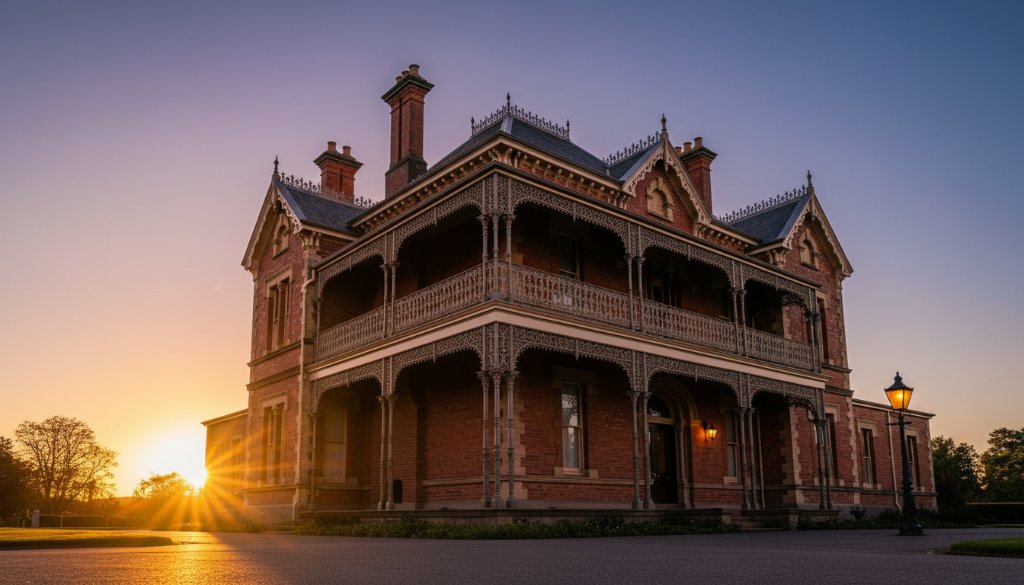 An epic moment capturing a majestic, historic Ballarat architecture photography Canadian building facade at dusk, bathed in dramatic golden hour light, highlighting intricate details and strong shadows.