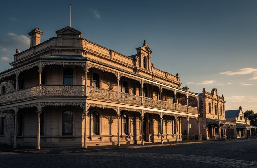 An epic moment capturing the grandeur of Historic Clunes Victorian Architecture Photography, showcasing a meticulously preserved gold rush era building facade bathed in golden hour light, with intricate details highlighted and a deep blue sky above.