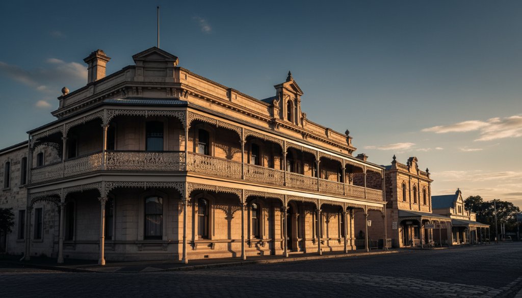 An epic moment capturing the grandeur of Historic Clunes Victorian Architecture Photography, showcasing a meticulously preserved gold rush era building facade bathed in golden hour light, with intricate details highlighted and a deep blue sky above.