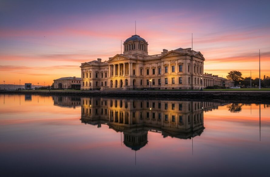 Dramatic wide-angle shot highlighting the intricate details of a meticulously restored historic Geelong building at sunrise, captured by historic Geelong building photography experts, with golden light illuminating its facade and a clear blue sky.