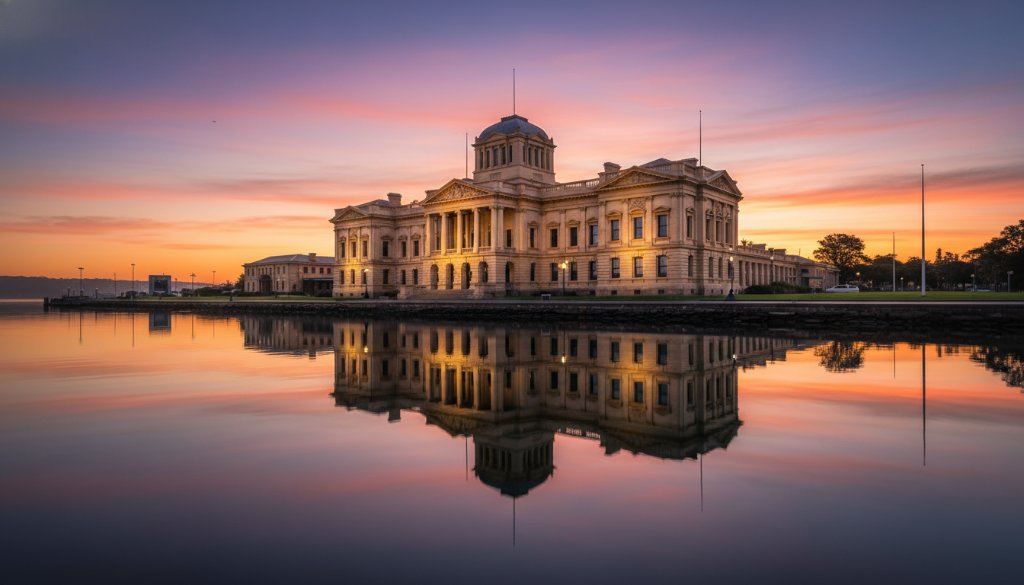 Dramatic wide-angle shot highlighting the intricate details of a meticulously restored historic Geelong building at sunrise, captured by historic Geelong building photography experts, with golden light illuminating its facade and a clear blue sky.
