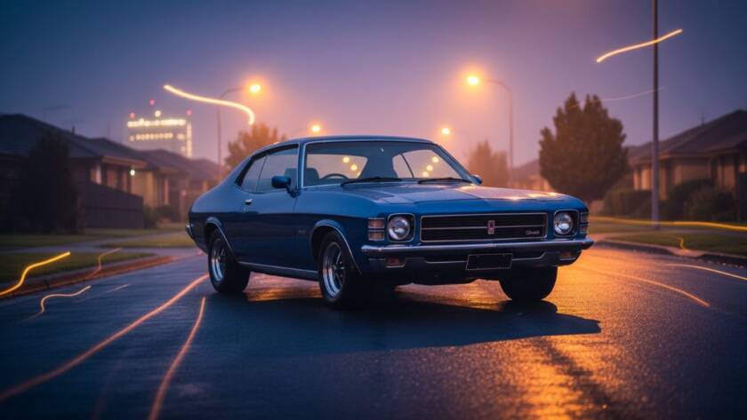 Dramatic evening shot featuring a gleaming classic muscle car parked on a wet street in Hoppers Crossing, illuminated by the warm glow of streetlights, showcasing professional automotive photography for enthusiasts.