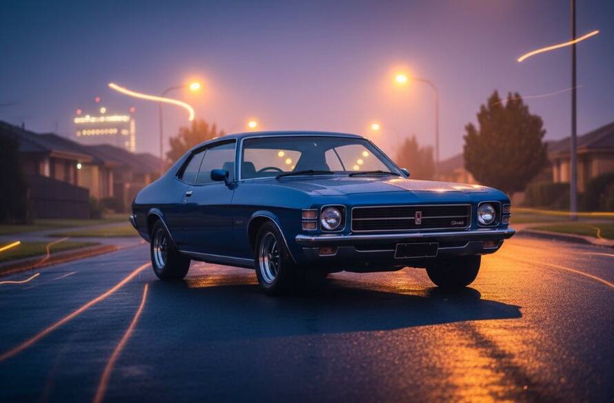 Dramatic evening shot featuring a gleaming classic muscle car parked on a wet street in Hoppers Crossing, illuminated by the warm glow of streetlights, showcasing professional automotive photography for enthusiasts.