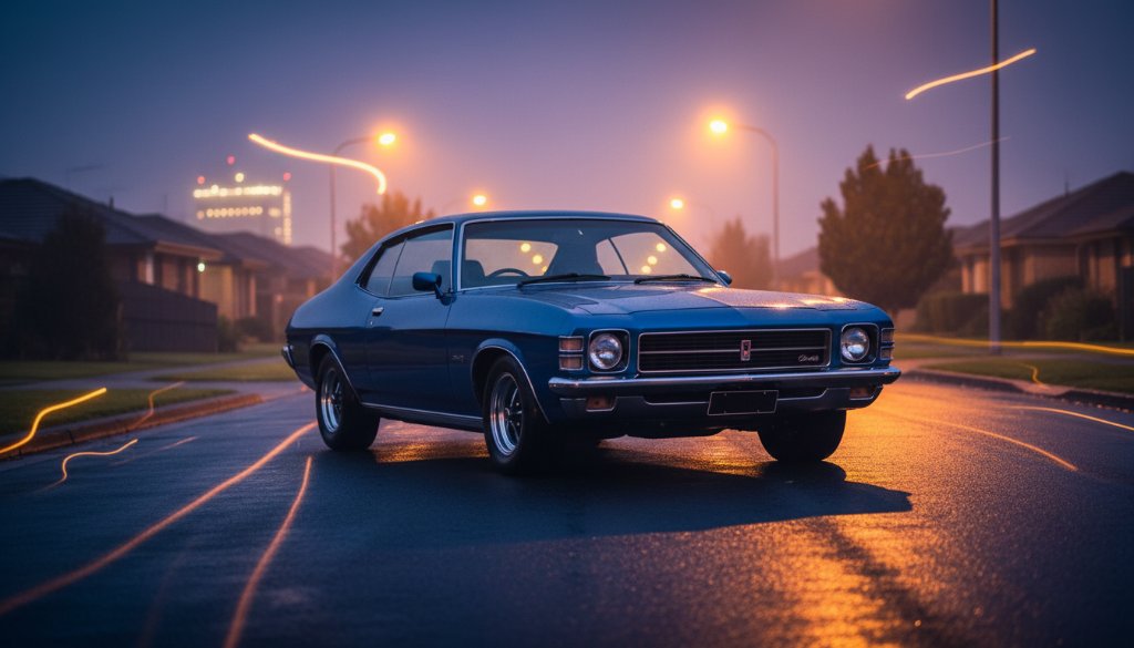 Dramatic evening shot featuring a gleaming classic muscle car parked on a wet street in Hoppers Crossing, illuminated by the warm glow of streetlights, showcasing professional automotive photography for enthusiasts.