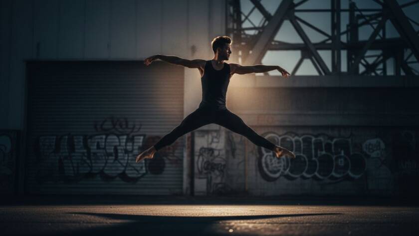 A dynamic, high-energy shot of a dancer leaping mid-air against a blurred urban background in Hoppers Crossing, demonstrating Hoppers Crossing Dance Photography Capturing Passion and Movement. Dramatic lighting highlights her flowing costume, capturing an epic moment of athleticism and artistic expression.