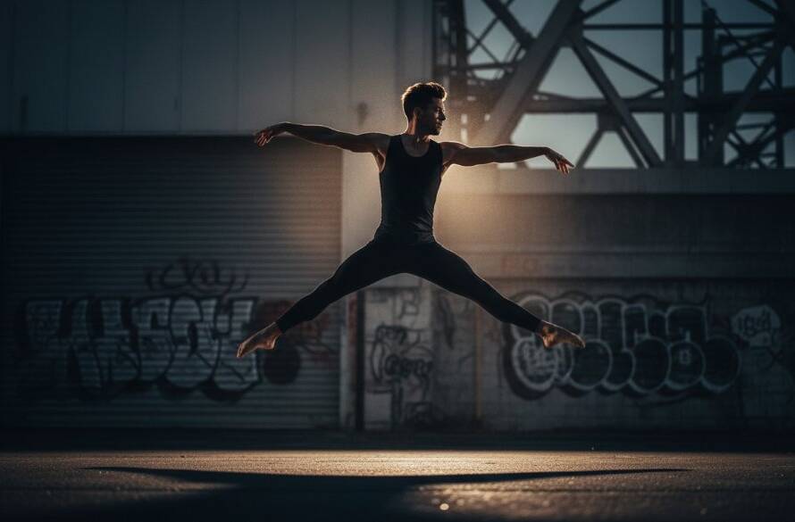 A dynamic, high-energy shot of a dancer leaping mid-air against a blurred urban background in Hoppers Crossing, demonstrating Hoppers Crossing Dance Photography Capturing Passion and Movement. Dramatic lighting highlights her flowing costume, capturing an epic moment of athleticism and artistic expression.