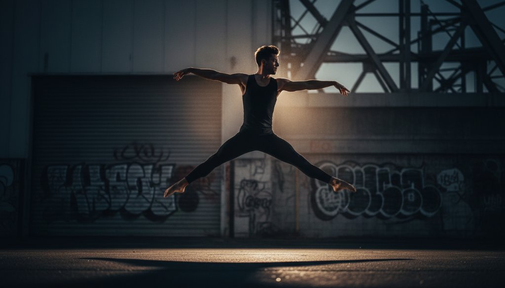 A dynamic, high-energy shot of a dancer leaping mid-air against a blurred urban background in Hoppers Crossing, demonstrating Hoppers Crossing Dance Photography Capturing Passion and Movement. Dramatic lighting highlights her flowing costume, capturing an epic moment of athleticism and artistic expression.