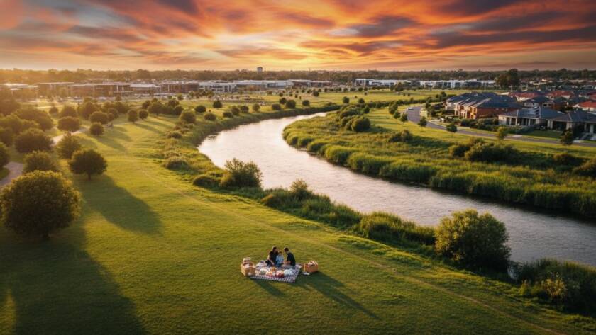 An epic moment captured with Hoppers Crossing drone photography for stunning aerial views, showing the vibrant colours of a sunset over the Werribee River, with families enjoying the golden hour light, professionally colour graded and wide-angled.