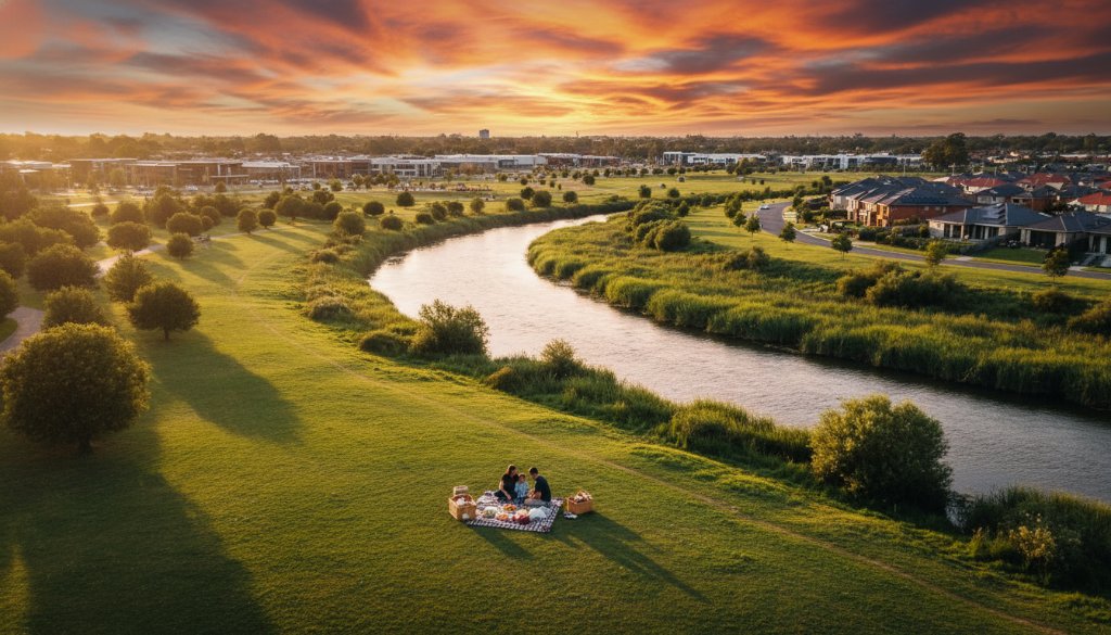 An epic moment captured with Hoppers Crossing drone photography for stunning aerial views, showing the vibrant colours of a sunset over the Werribee River, with families enjoying the golden hour light, professionally colour graded and wide-angled.