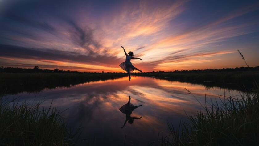 An awe-inspiring Hoppers Crossing fine art photography capturing unique personal narratives, depicting a silhouette of a dancer gracefully leaping against a dramatic sunset over a tranquil Werribee River scene, professional color grading enhancing the epic moment.