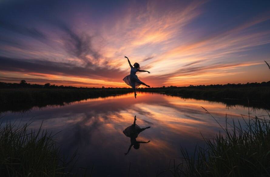 An awe-inspiring Hoppers Crossing fine art photography capturing unique personal narratives, depicting a silhouette of a dancer gracefully leaping against a dramatic sunset over a tranquil Werribee River scene, professional color grading enhancing the epic moment.