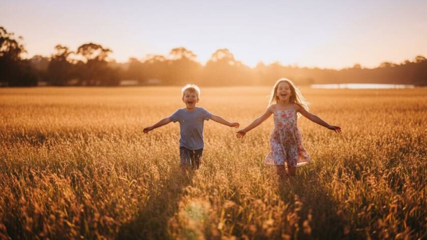 A heartwarming, epic moment captured in Hoppers Crossing kids photography capturing genuine joy, showing two siblings laughing freely as they run through golden sunlight at Werribee Open Range Zoo, with professional, dramatic lighting and vibrant colour grading.