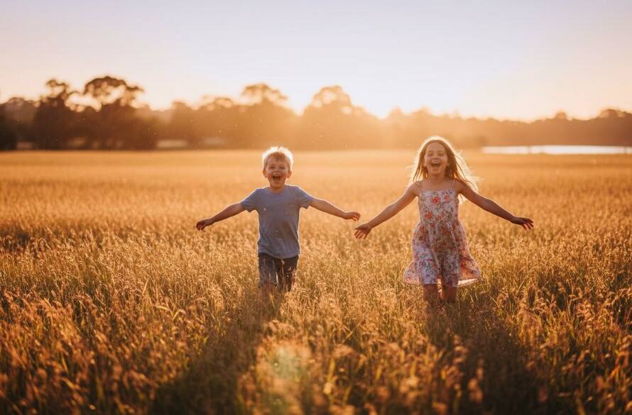A heartwarming, epic moment captured in Hoppers Crossing kids photography capturing genuine joy, showing two siblings laughing freely as they run through golden sunlight at Werribee Open Range Zoo, with professional, dramatic lighting and vibrant colour grading.