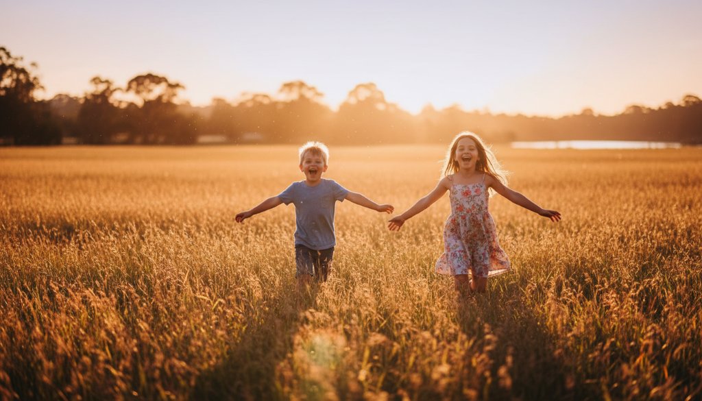 A heartwarming, epic moment captured in Hoppers Crossing kids photography capturing genuine joy, showing two siblings laughing freely as they run through golden sunlight at Werribee Open Range Zoo, with professional, dramatic lighting and vibrant colour grading.