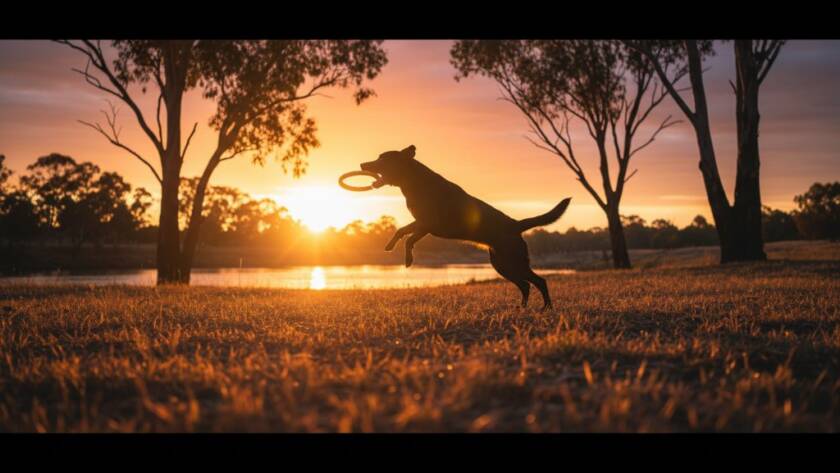A vibrant, professionally shot photograph, expertly capturing a joyous moment during a Hoppers Crossing pet photography session, featuring a Golden Retriever playfully leaping through sunlight at a local park, tail wagging with pure happiness.