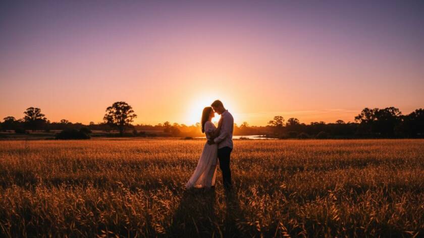 An emotionally resonant and dramatic Hoppers Crossing Pre-Wedding Photography image capturing a couple's profound love story at sunset, with soft golden light illuminating them against a picturesque Hoppers Crossing landscape featuring distant gum trees and open fields.
