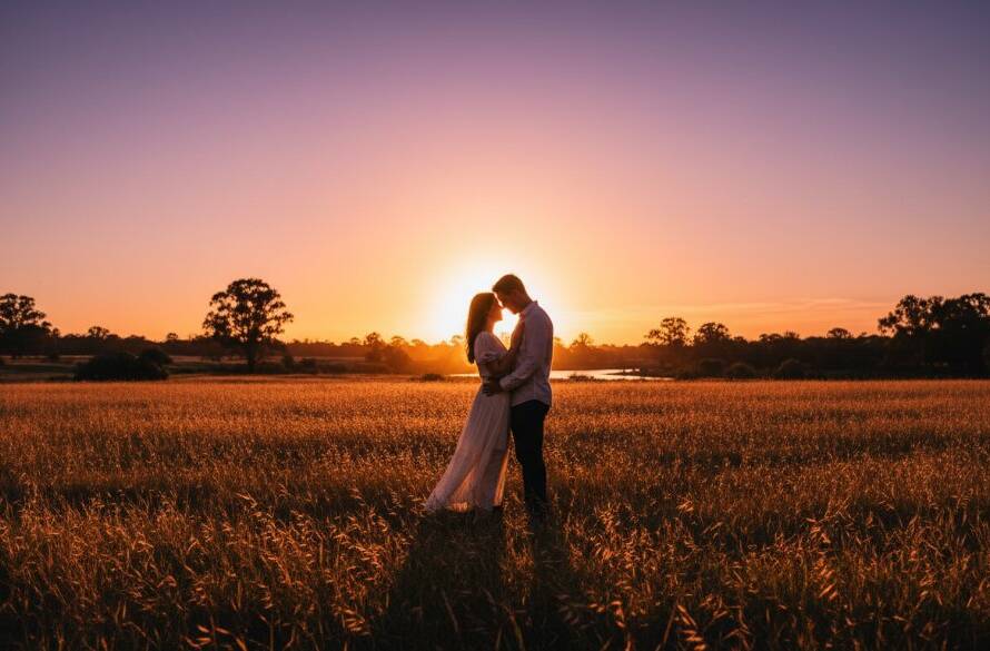 An emotionally resonant and dramatic Hoppers Crossing Pre-Wedding Photography image capturing a couple's profound love story at sunset, with soft golden light illuminating them against a picturesque Hoppers Crossing landscape featuring distant gum trees and open fields.