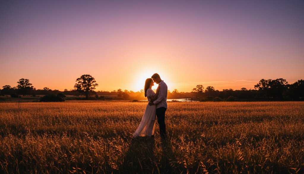 An emotionally resonant and dramatic Hoppers Crossing Pre-Wedding Photography image capturing a couple's profound love story at sunset, with soft golden light illuminating them against a picturesque Hoppers Crossing landscape featuring distant gum trees and open fields.