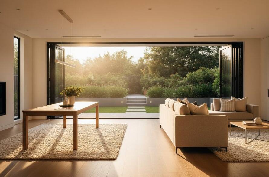 An elegant, wide-angle interior shot of a modern living room in a Hoppers Crossing home, showcasing Hoppers Crossing premium real estate photography for impactful listings, with dramatic golden hour light streaming through large windows, highlighting luxurious textures and a perfectly staged, inviting atmosphere.