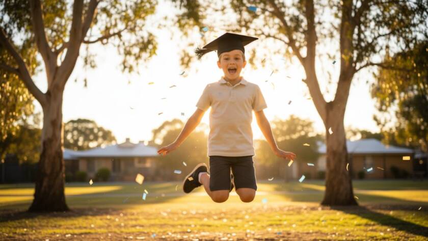 A heartwarming, professionally color-graded photograph capturing an epic moment of a child in a graduation cap throwing their hands up in pure joy on a sunny day in Hoppers Crossing, celebrating their primary school graduation photography milestone, with happy classmates blurred in the background and a subtle hint of local architecture.