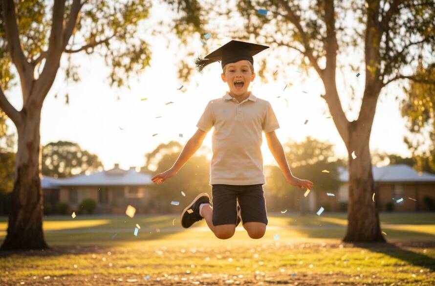 A heartwarming, professionally color-graded photograph capturing an epic moment of a child in a graduation cap throwing their hands up in pure joy on a sunny day in Hoppers Crossing, celebrating their primary school graduation photography milestone, with happy classmates blurred in the background and a subtle hint of local architecture.