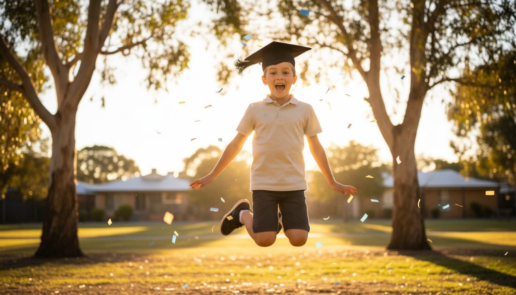A heartwarming, professionally color-graded photograph capturing an epic moment of a child in a graduation cap throwing their hands up in pure joy on a sunny day in Hoppers Crossing, celebrating their primary school graduation photography milestone, with happy classmates blurred in the background and a subtle hint of local architecture.