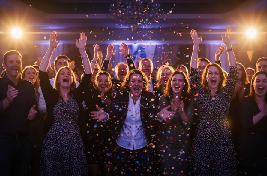 A wide-angle, low-light shot of guests cheering with confetti in the air during a peak celebration moment at a community event in Hoppers Crossing, Victoria, expertly captured by Hoppers Crossing unforgettable event photography.