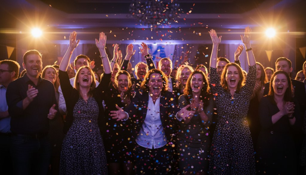 A wide-angle, low-light shot of guests cheering with confetti in the air during a peak celebration moment at a community event in Hoppers Crossing, Victoria, expertly captured by Hoppers Crossing unforgettable event photography.