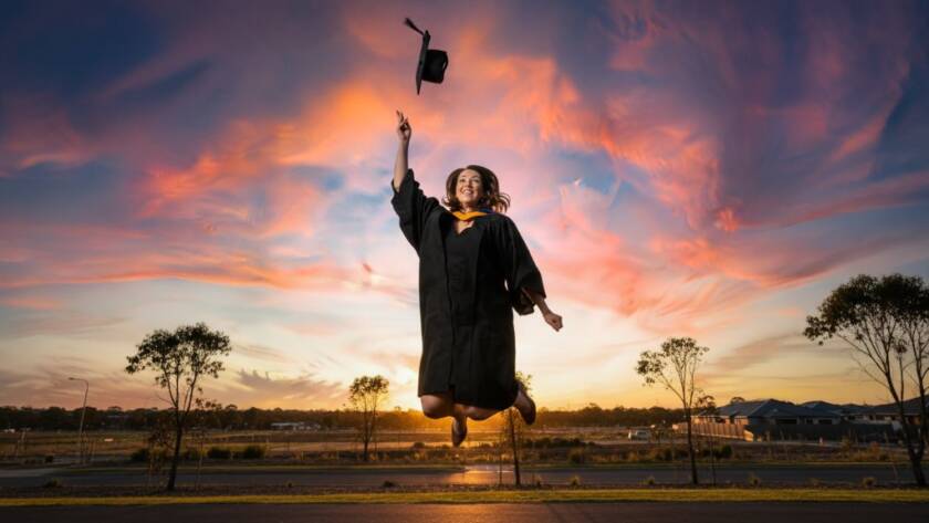 A jubilant graduate in cap and gown throws their academic hat into the air against a vibrant sunset over Hoppers Crossing, capturing a professional Hoppers Crossing university graduation photography epic moment with dramatic flair.