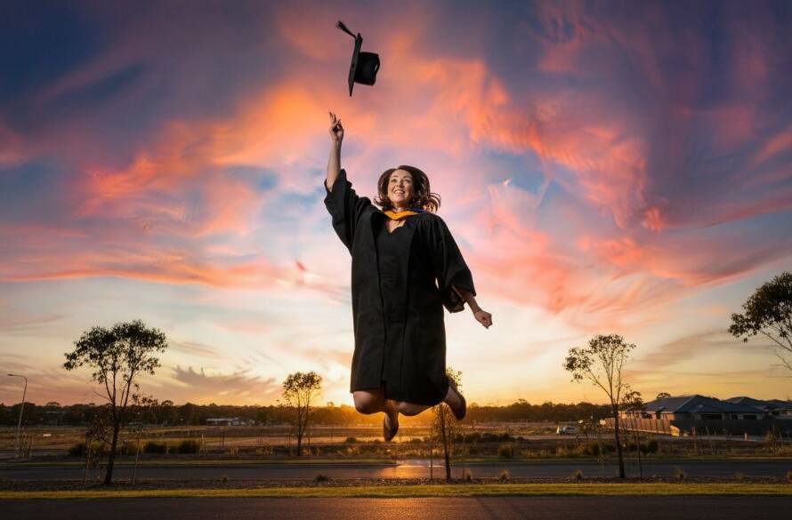 A jubilant graduate in cap and gown throws their academic hat into the air against a vibrant sunset over Hoppers Crossing, capturing a professional Hoppers Crossing university graduation photography epic moment with dramatic flair.