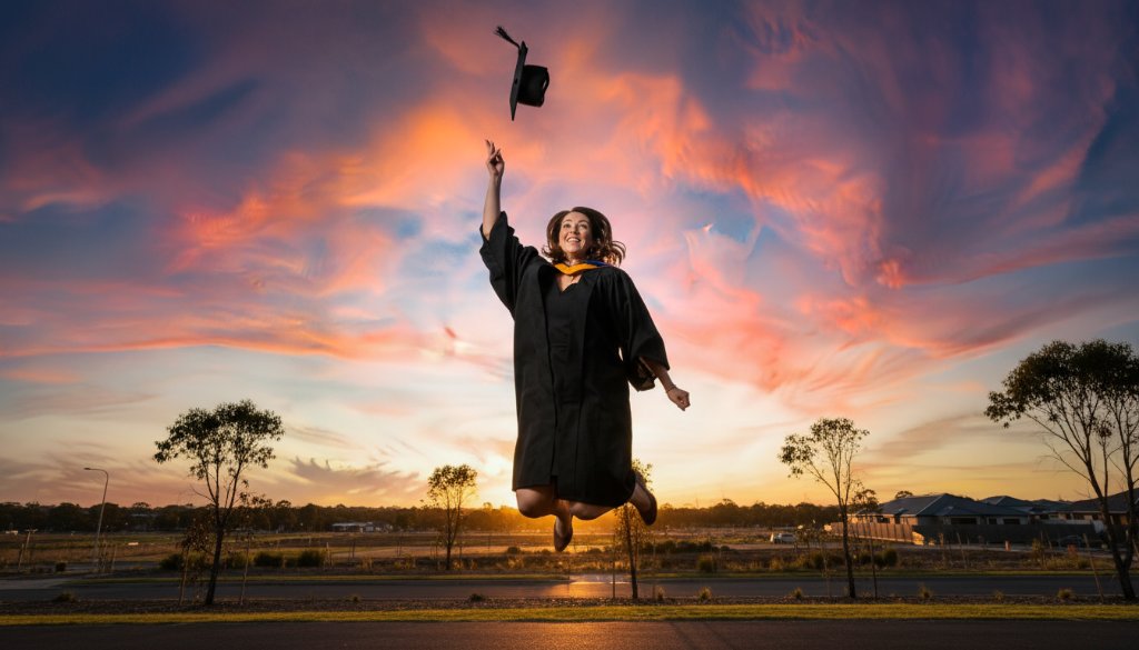 A jubilant graduate in cap and gown throws their academic hat into the air against a vibrant sunset over Hoppers Crossing, capturing a professional Hoppers Crossing university graduation photography epic moment with dramatic flair.