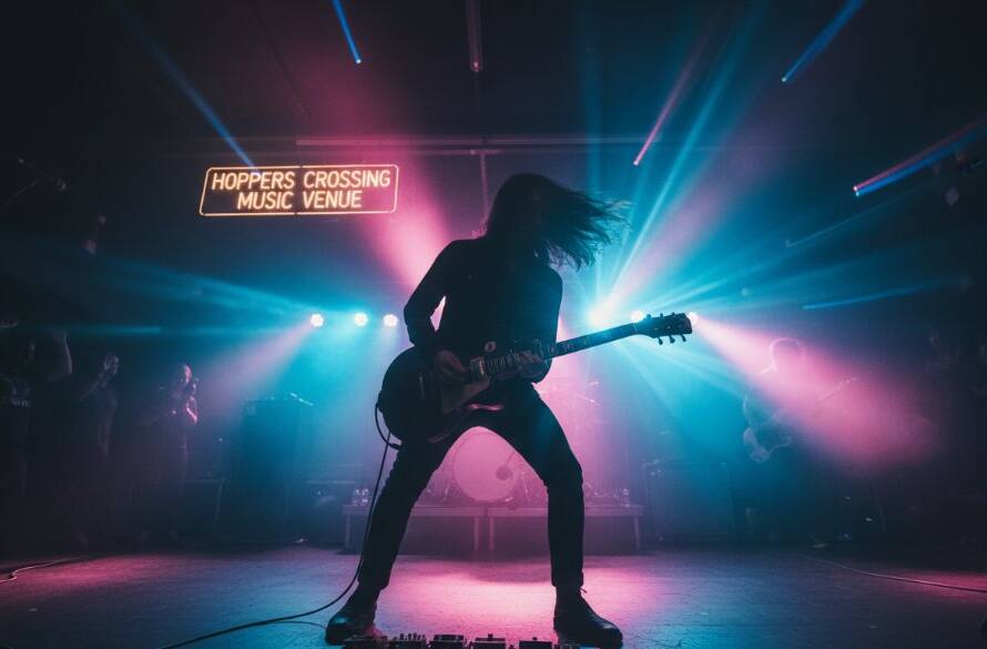 A dynamic shot capturing the raw energy of a band performing under dramatic stage lighting at a local venue in Hoppers Crossing, Victoria, showcasing vibrant concert photography and an electrifying guitar solo.
