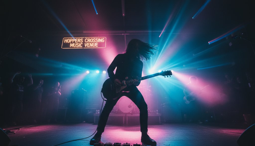 A dynamic shot capturing the raw energy of a band performing under dramatic stage lighting at a local venue in Hoppers Crossing, Victoria, showcasing vibrant concert photography and an electrifying guitar solo.