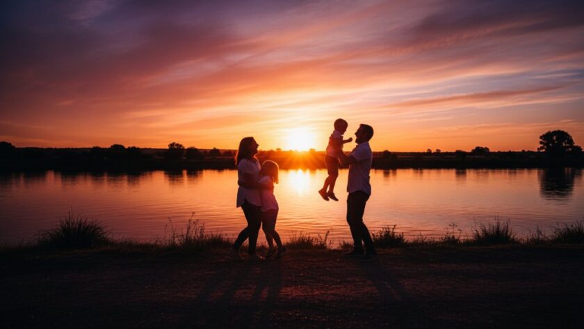 Horsham authentic family portraits Wimmera featuring a joyful family silhouetted against a dramatic golden hour sunset over the Wimmera River, with children laughing and parents embracing.